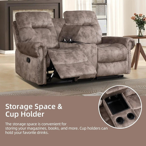 Dual Manual Recliner Loveseat Sofa With Center Console And Hidden Storage, Cup Holders, Vintage Rivet Mid Century Design, 2 Seater Couch For Living Room Or Meeting Space, Cozy Brown Finish with recliners extended and open console