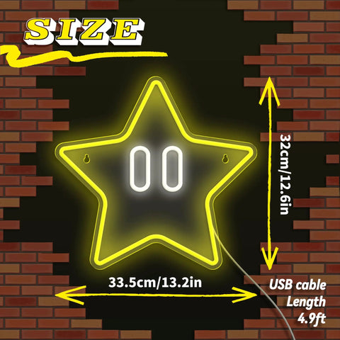 Star Neon Sign Led Light For Gaming Setup And Kids Bedroom, brick wall, 13.2in x 12.6in size, yellow with white outline.