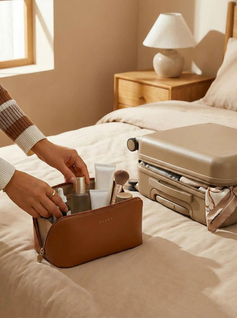 Brown medium Travel Makeup Bag For Women With Large Capacity, Waterproof Cosmetic Pouch on bed next to suitcase.