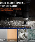 Four-flute spiral step drill bit set in use on metal; stainless steel, wood, plastic and fiberglass samples shown