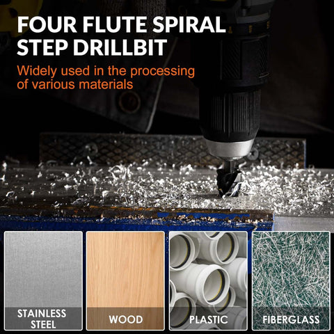 Four-flute spiral step drill bit set in use on metal; stainless steel, wood, plastic and fiberglass samples shown