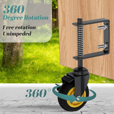 Two Pack 4 Inch Gate Casters With Brake Heavy Duty 250 Lb Capacity Spring Loaded Absorbing Solid Rubber Wheels for Wood Gates