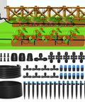 230 Foot Quick Connect Drip Irrigation Kit with tubing, nozzles, and sprinklers setup for garden irrigation