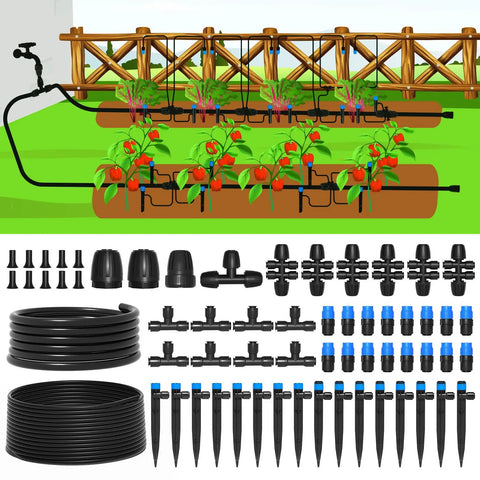 230 Foot Quick Connect Drip Irrigation Kit with tubing, nozzles, and sprinklers setup for garden irrigation