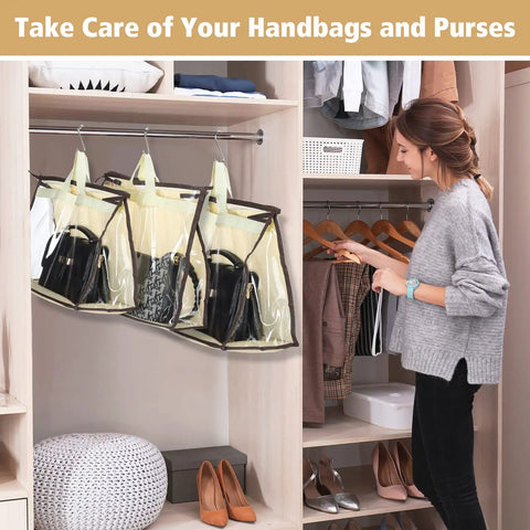 Clear Handbag Storage Organizer Kit With 16 S Hooks In 4 Sizes For Clutches Totes Wallets Moisture Proof Dust Proof Purse Bags With Zippers And Handles For Closet Hanging And Door Hanger Use displayed in a closet with handbags visible.
