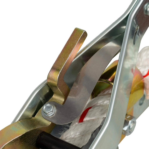Close-up of Three Quarter Ton Rope Puller with Fifty Foot Three Strand Twisted Polydacron Rope, aluminum ratchet wheel visible.
