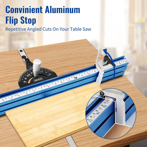 Beefy Aluminum Miter Gauge For Table Saw With Telescoping 20 To 36 Inches Fence, Repetitive Cut Flip Stop, 60 Degree Ends Blue