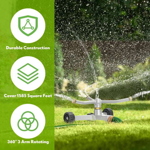 Heavy Duty Metal Rotary Lawn Sprinkler With 3 Arm Automatic Revolving Whirl And Wheeled Base in garden spraying water