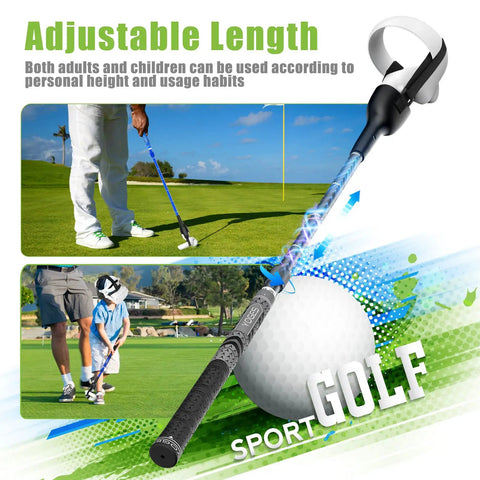 Adjustable Length VR Golf Club Handle For Quest 2 Accessories With Real Golf Grip shown with kids practicing golf.