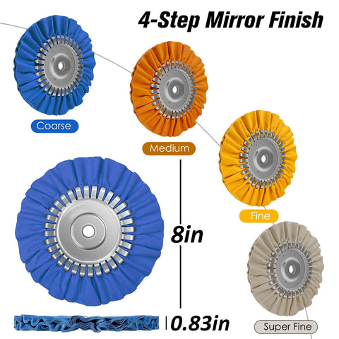 Konvixon 8in buffing wheel polishing kit for angle grinder; 9pc aluminum wheels with 5/8in arbor in blue, orange, beige