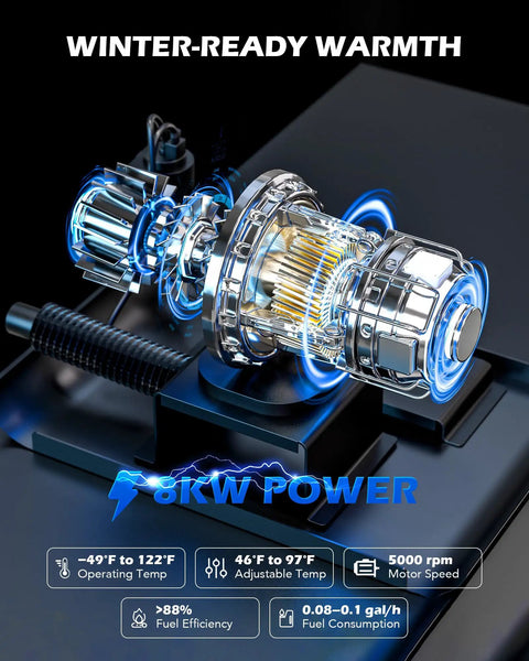 Portable 8KW Diesel Air Heater With Bluetooth Remote And CO Detector For RV Workshop Camper Van Dual Voltage 12V 24V DC showing detailed heater components.