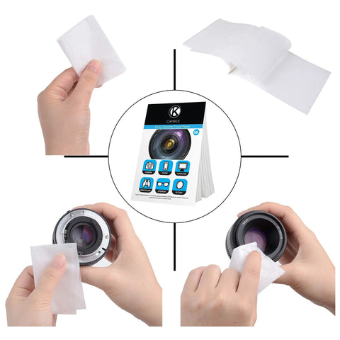 CamKix lens cleaning tissue booklets (6×300) with double-sided cloths for camera lenses and screens; four cloths.