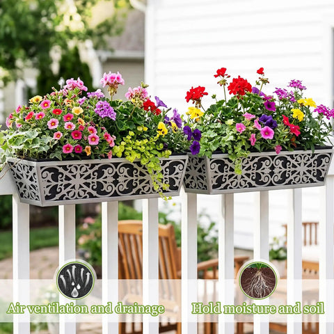 2 Pack 24 Inch Window Boxes Planter For Outdoor Plants With Adjustable Brackets installed on railing