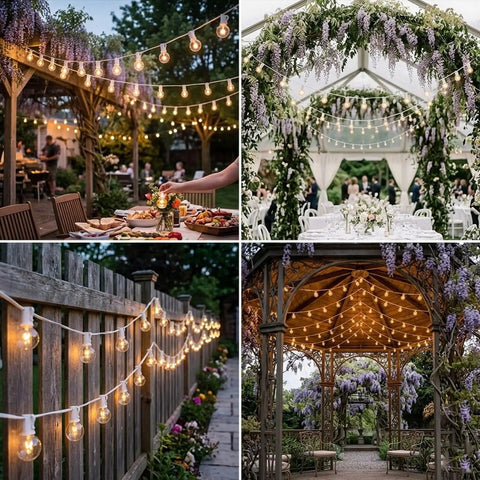 White Outdoor String Lights 25 Feet With 27 Globe Bulbs Edison Style G40 E12 Sockets hanging in garden and patio settings