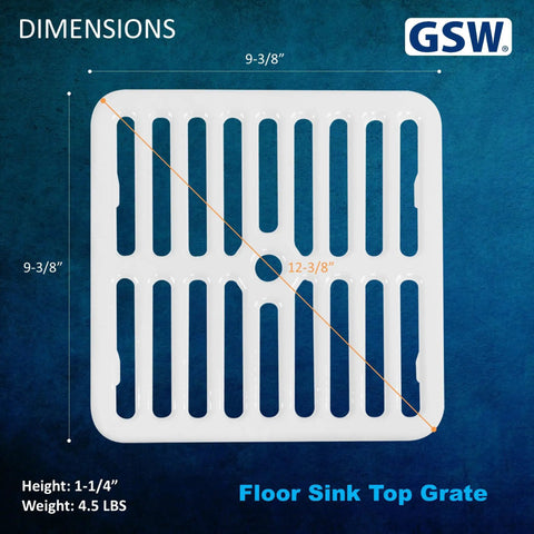 Durable Cast Iron Porcelain Floor Sink Grate Top With Ceramic Surface For Super Easy Cleaning And Long Lasting Performance In Restaurants Bars And Buffets Full Size Nine And Three Eighths Inch Square By One And One Fourth Inch Thick dimensions.