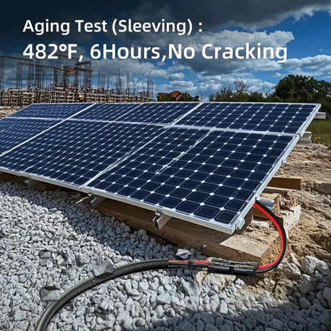 10 AWG 30 Ft Solar Panel Extension Cable Built To Last With Flame Retardant Protective Sleeving Twin Wire Solar Cable Featuring IP68 Waterproof Connectors Dust Caps For Home And RV Solar Setups shown in outdoor solar panel setup