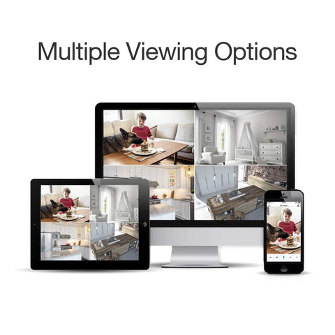 Multiple viewing options for 1080p Plug-In WiFi Indoor Security Camera With AI Motion Detection, shown on monitor, tablet, and phone.