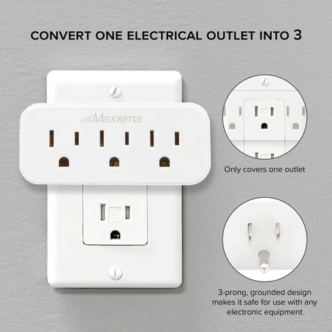 Triple Outlet Wall Plug Adapter 3 Way Power Splitter Indoor Grounded Outlet Extender Turns 1 Outlet Into 3 White on wall