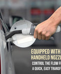 Electric Fuel Transfer Pump With Adjustable Flow Nozzle For Fast Siphoning From Gas Cans To Cars And Equipment, Fits Most Standard Cans, No Heavy Lifting, Ideal For Auto Lawn Generator And Marine Use, handheld nozzle in use