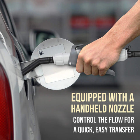 Electric Fuel Transfer Pump With Adjustable Flow Nozzle For Fast Siphoning From Gas Cans To Cars And Equipment, Fits Most Standard Cans, No Heavy Lifting, Ideal For Auto Lawn Generator And Marine Use, handheld nozzle in use