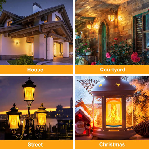 Upgraded LED Flame Light Bulbs With Realistic Flicker 4 Modes E26 Base Fire Glow Bulb in various settings - house, courtyard, street, Christmas.