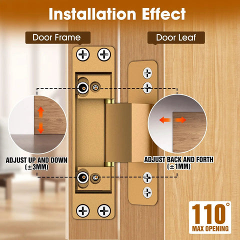 Installation view of Four Point Five Inch Concealed Door Hinges For Invisible And Folding Doors featuring adjustment details.