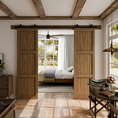9 Ft Sliding Barn Door Hardware Kit Built To Last With Heavy Duty Steel Rollers and Flat Tracks for 27 Inch Double Doors in home setting