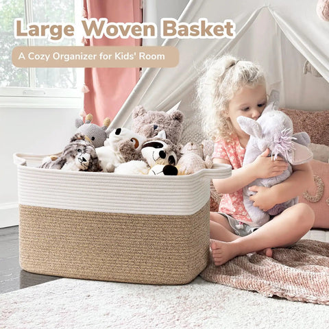 Oversized Woven Blanket Storage Basket, 21.6 Inch Long By 14.9 Inch Wide By 11.8 Inch High, 75L Capacity, White And Brown Cotton Rope Rectangle Toy Organizer For Living Room And Bedroom with plush toys
