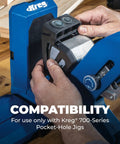 Hands adjusting the Heavy Duty Plug Cutter Drill Guide Kit designed to instantly hide pocket screw holes for crisp wood finishes.