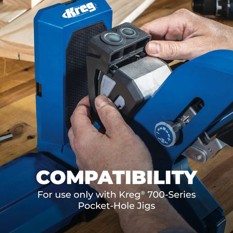 Hands adjusting the Heavy Duty Plug Cutter Drill Guide Kit designed to instantly hide pocket screw holes for crisp wood finishes.