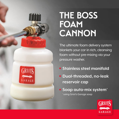 Close-up of Boss Foam Cannon For Car Washing And Detailing Auto Mix Pressure Washer Foam Gun with stainless steel manifold.