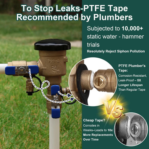 1-inch brass pressure vacuum breaker backflow preventer for irrigation, installed on PVC line with blue handles