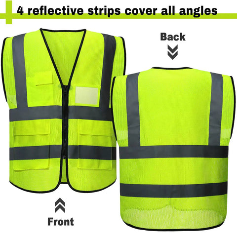 Ten Pack Reflective Safety Vests With Pockets And Zipper For Men And Women High Visibility Mesh Construction Lightweight