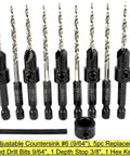 Woodworking Five Piece Depth Adjustable Countersink Drill Bit Set With Replacement Tapered Bits In A Tough Storage Case Size Six Nine Sixty Fourth Inch For Precise Finishes And Quick Setup In Cabinets Furniture And DIY Projects From FTG USA