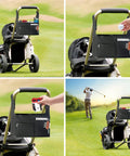 Durable Neoprene Golf Cart Organizer Bag with Front Pocket for scorecards and gear attached to cart on golf course.