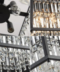 Close-up of Farmhouse Crystal Pendant Light Chandelier in Black Metal showing crystal details and bulb holder for kitchen and dining room