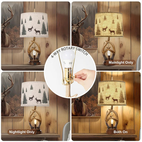 Rustic Farmhouse Antler Table Lamp Set Of 2 With Nightlight And Dual USB Ports, illustrated linen shades, different lighting modes.