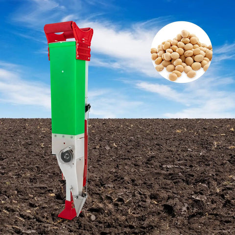 Adjustable Handheld Seed Spreader and Planting Tool for Home Gardens, Easy One Hand Seeding Machine in soil with seeds.