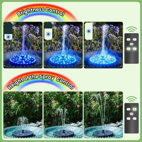 Remote Solar Fountain With Adjustable Spray Height And Colorful LED Lights 6W Solar Bird Bath Pump 4000mAh Battery Outdoor Water Feature For Garden Pond Or Pool Decor Remote Control Convenience showing brightness and spray height control features.