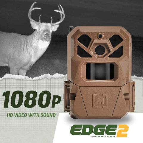 Edge 2 Cellular Trail Camera With Nationwide 4G LTE Auto Connect, 36MP Photos, 1080P Video With HD Audio, 100 Ft Detection Range, Low Glow Flash, Easy Setup For Hunters And Wildlife Monitoring next to a deer in night vision.