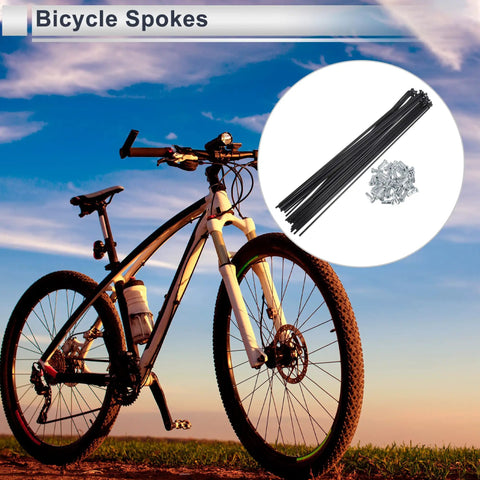Universal Bike Spoke Set 13G 273mm black steel with 36 spokes and nipples for mountain and road bike wheel repair shown with bicycle