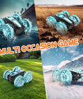 Collage of Amphibious 4WD RC Car And Boat Hybrid With Waterproof Design Rad 360 Degree Spin Monster Truck on land and water