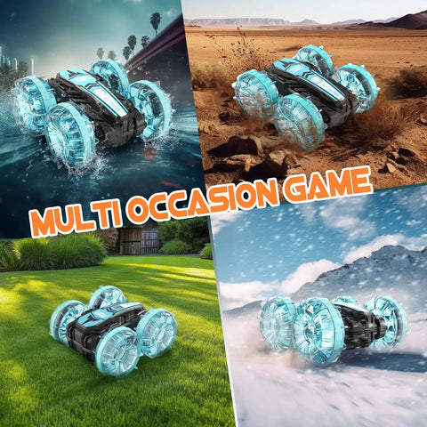 Collage of Amphibious 4WD RC Car And Boat Hybrid With Waterproof Design Rad 360 Degree Spin Monster Truck on land and water