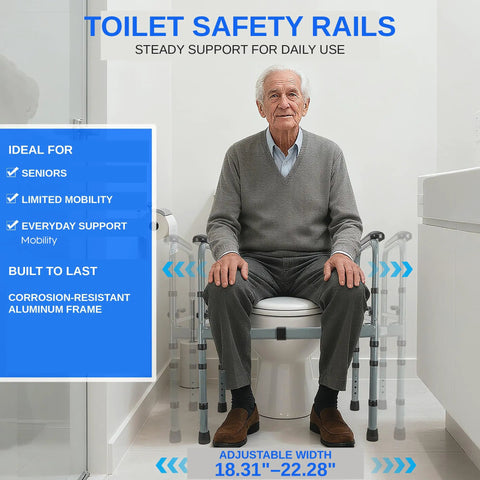 Heavy Duty Foldable Toilet Safety Rails For Seniors With Adjustable Height Bars Making Sit And Stand Tasks A Total Breeze While Delivering Rock Solid Bathroom Support For Everyday Mobility And Zero Hassle Home Care, shown with an elderly man sitting.