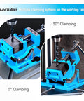Real Deal 3 Inch Tilting Bench Vise With Beefy Replacement Jaws And Heavy Duty Cast Iron Construction For Secure Drill Press Clamping On Shop Workbenches at 0 and 30 degrees.