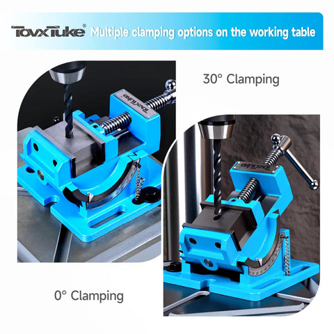 Real Deal 3 Inch Tilting Bench Vise With Beefy Replacement Jaws And Heavy Duty Cast Iron Construction For Secure Drill Press Clamping On Shop Workbenches at 0 and 30 degrees.