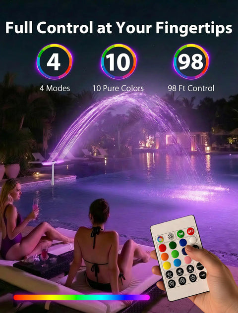 Solar Pool Fountain With Ten Color LED Lights And Four Lighting Modes, Dual Spray Waterfall Sprinkler illuminating pool