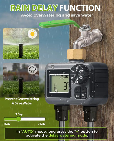 Close-up of 2 Zone Sprinkler Timer For Garden Hose With Programmable Scheduling Automatic Irrigation System, showing rain delay function.