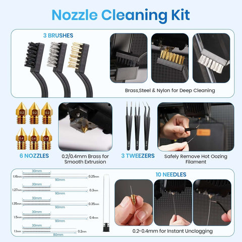 Nozzle cleaning kit with brushes, nozzles, tweezers, and needles from Pro Grade 142-Piece 3D Printer Tool Kit With 4-Layer Case.