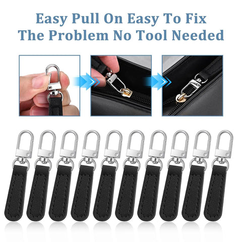 10 Piece Leather Zipper Pull Replacement Kit For Luggage Backpacks Jackets Purses Handbags And Suitcases Durable PU Leather And Zinc Alloy 2.68 X 0.51 X 0.12 Inches Easy No Tool Install